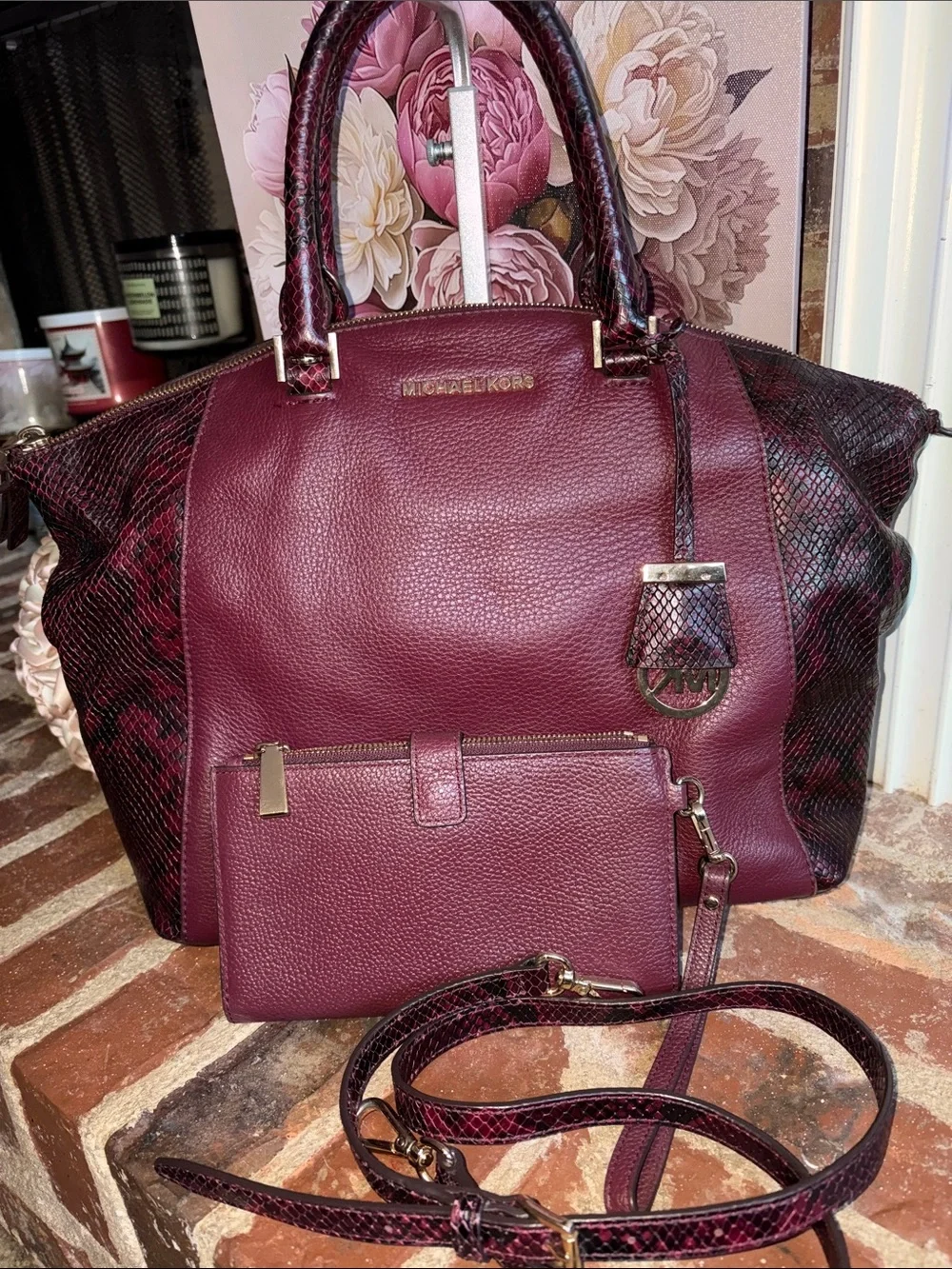 Michael Kors Plum Leather Satchel with Snake-Trim and Wristlet